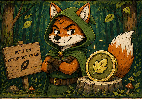 Hand-drawn fox in a green hood beside a SERWOOD coin